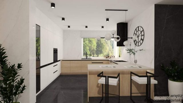 meble na wymiar. Nowoczesna kuchnia o minimalistycznym wystroju, z połączeniem bieli i drewna z wysokiej jakości sprzętami i akcesoriami