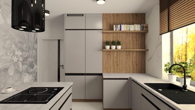 meble na wymiar. Stylowo urządzona kuchnia w szarym odcieniu, z praktyczną półką na książki, idealna do codziennego użytku i relaksu