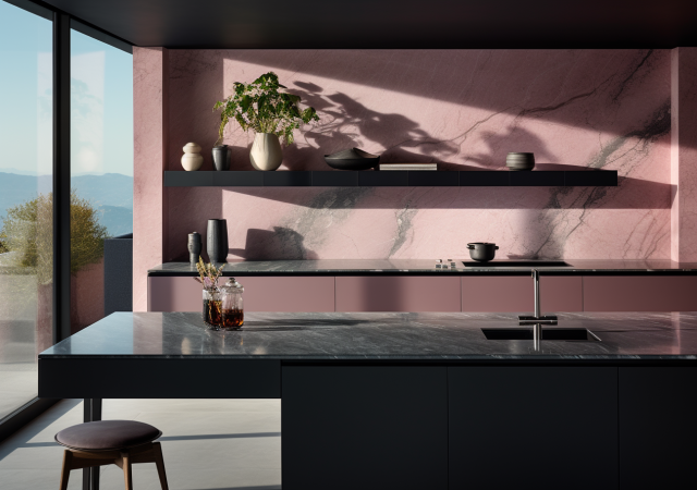 Różowa kuchnia: odważny styl z wyspą kuchenną